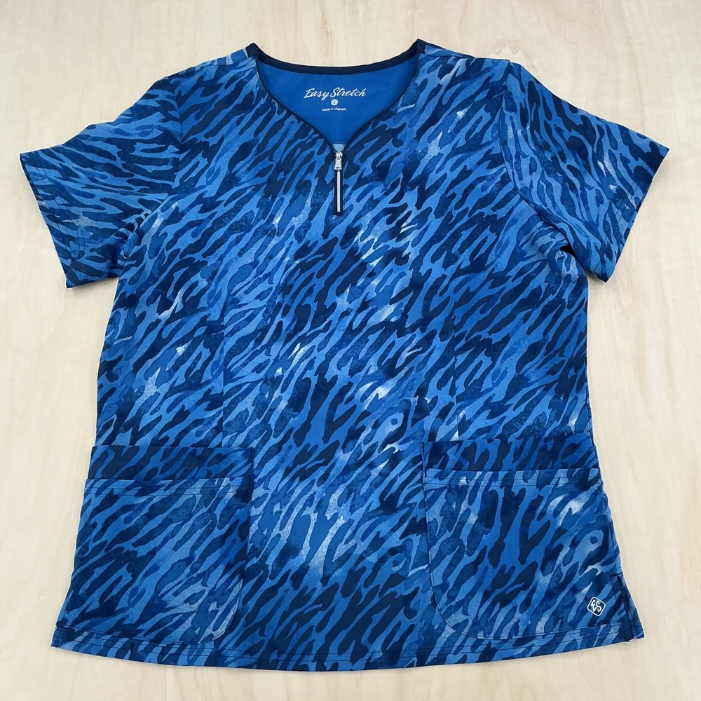 Easy Stretch Scrub Top Women L Blue Tiger Print Zip V-Neck Modern Professional